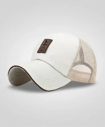White and beige mesh trucker cap with a brown faux leather patch on the front featuring text "SAIWO SPORT" and other details. Adjustable and breathable.