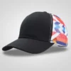 black baseball cap with colorful geometric pattern mesh back, aztec trucker hat design, side view, white stitching