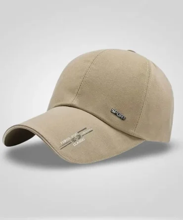 Beige long brim baseball cap for men and women, featuring "FASHION SPORT CLASSIC" and "SPORT" text, ideal for summer sports, sun protection, outdoor fishing, and trucker cap styles.
