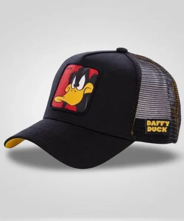 Black trucker hat with Daffy Duck patch, yellow under brim, and "DAFFY DUCK" text on mesh side.