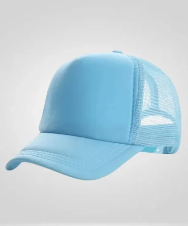 Light blue blank mesh trucker cap for men and women, breathable sun hat, adjustable.