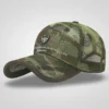 Men's women's camouflage mesh baseball cap with "Source of All Life Fashion" text and shield logo, side profile view, breathable outdoor sports hat.
