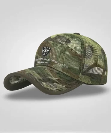 Men's women's camouflage mesh baseball cap with "Source of All Life Fashion" text and shield logo, side profile view, breathable outdoor sports hat.