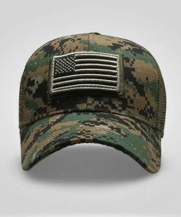 American flag tactical baseball cap with a digital blue and gray camouflage pattern, mesh back, and a hook-and-loop patch panel.