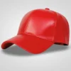 Vibrant red men's leather baseball cap, featuring a sleek design and smooth finish, ideal for a bold casual statement.