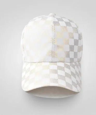 White and gold checkered baseball cap with a subtle mesh texture, side view.