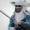 Man fishing wearing grey wide-brim sun hat with face and neck flap, sunglasses, and fishing vest.