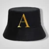 black bucket hat with gold letter A, reversible sun hat, foldable cotton bucket hat