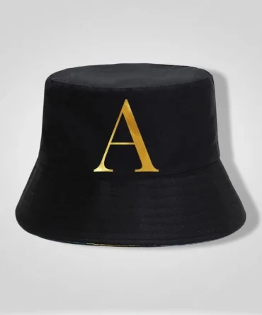 black bucket hat with gold letter A, reversible sun hat, foldable cotton bucket hat