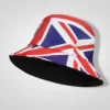 Union Jack flag print bucket hat, unisex, red white blue, patriotic British headwear, casual sun protection.