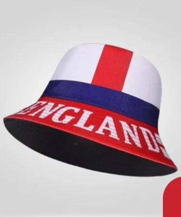 stylish bucket hat featuring the colors of the English flag with bold 'ENGLAND' text in white on a red band.