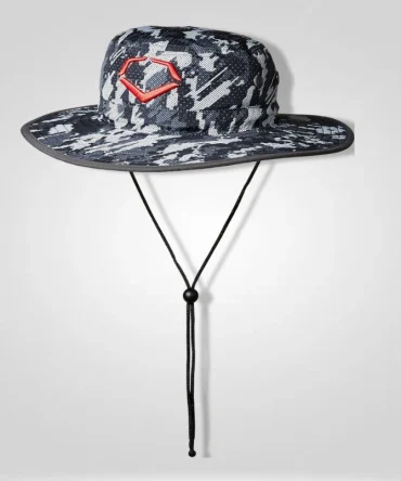 EvoShield Logo Bucket Hat with red stylized logo, black and white digital camouflage pattern, and adjustable chin cord.