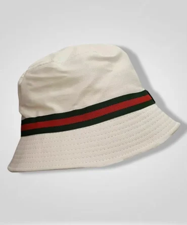 white bucket hat with red and green stripe, stylish sun hat, summer fashion accessory
