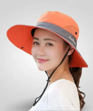 UV protection foldable sun hat for women, orange and grey, with "Sun Shade" logo, ideal for beach, fishing, and outdoor activities.