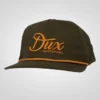 Dark green Dux Waterfowl Company rope hat with "Dux" embroidered in orange script and "WATERFOWL" in smaller orange text below it, featuring an orange rope accent above the brim.