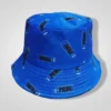 Blue bucket hat featuring a repeating pattern of Prime Hydration drink bottles in blue raspberry flavor, ideal for outdoor sun protection and fan apparel.