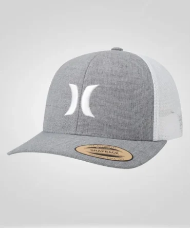 Hurley Men's Del Mar Snapback Trucker Hat in grey with white mesh back and white Hurley logo, front view, product tag visible.