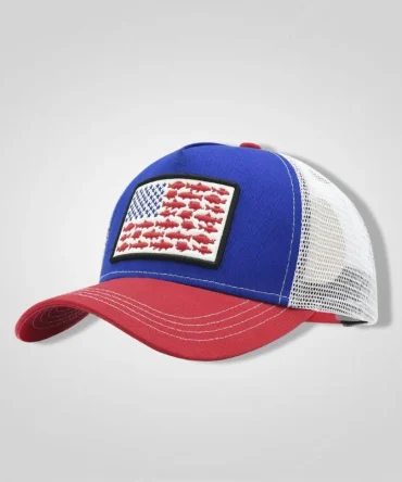 Toddler American flag trucker hat with fish pattern instead of stars, red bill, blue front, white mesh back.