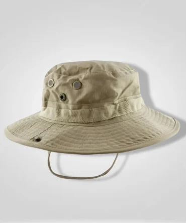 "Tan wide-brimmed boonie hat with adjustable chin strap, ideal for fishing, hiking, and sun protection"