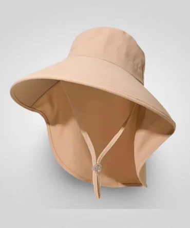 beige wide-brim sun hat with neck flap and adjustable chin strap, bucket hat style