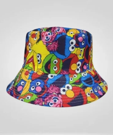 colorful bucket hat featuring a playful pattern of Sesame Street characters, including Elmo, Cookie Monster, and Big Bird.