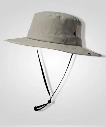 "Light gray waterproof wide brim bucket sun hat with adjustable chin strap, front view, perfect for outdoor activities."